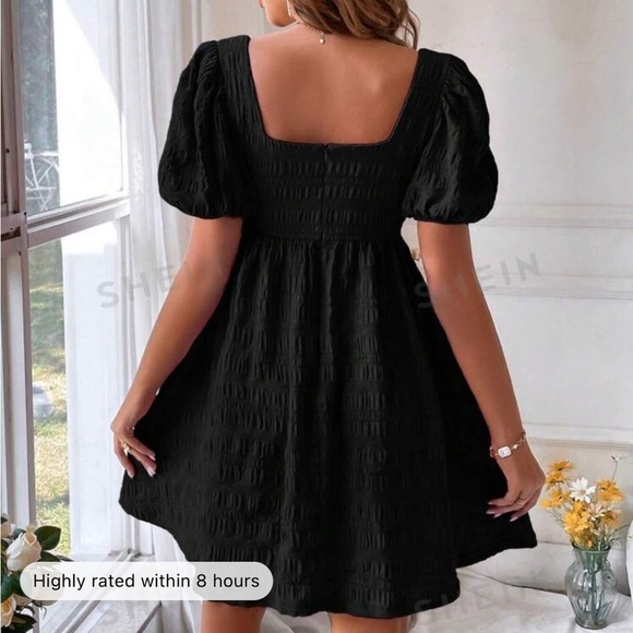 Black Puff Sleeve Ruffle Dress - Picture 2 of 3